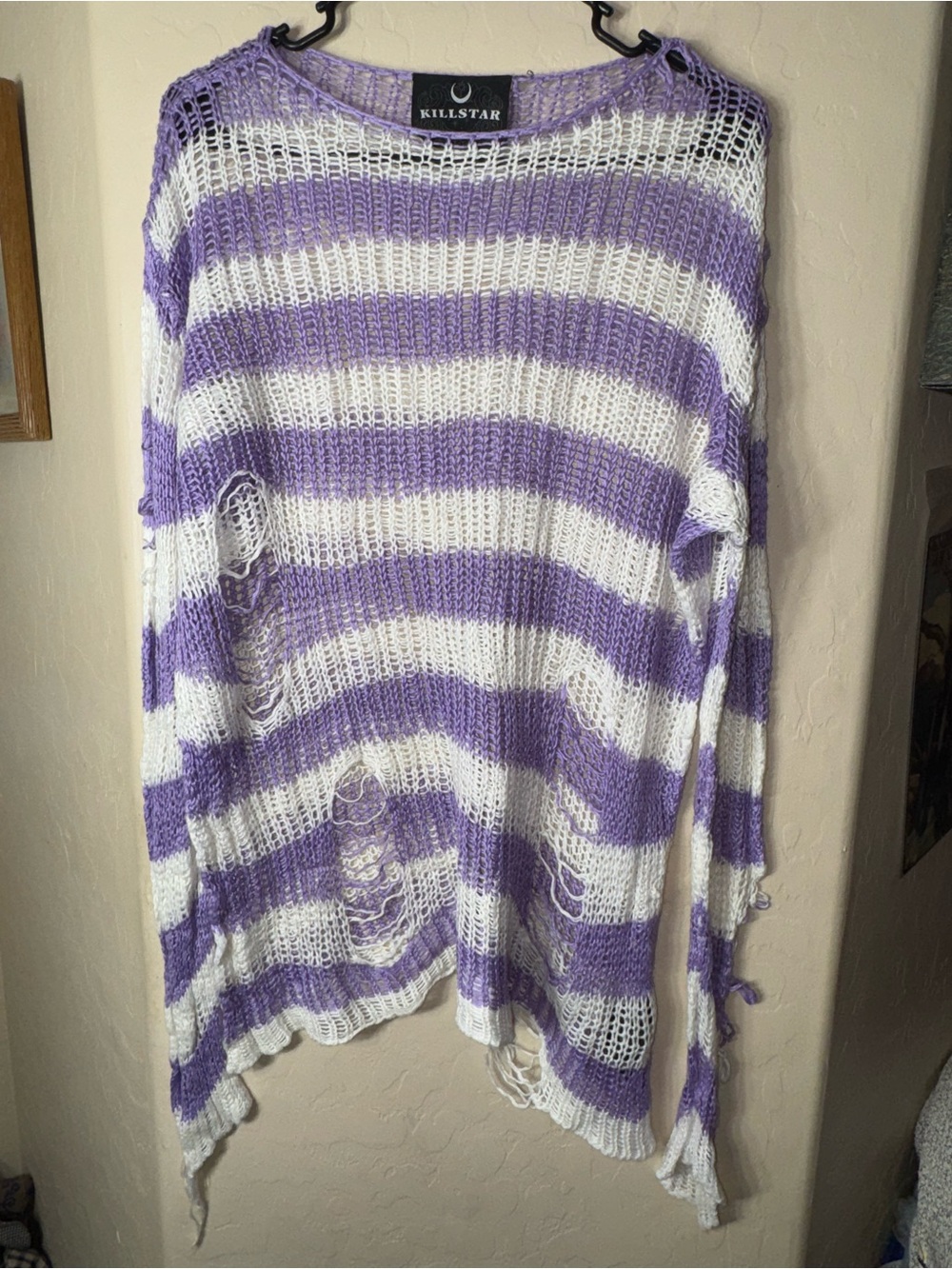 KILLSTAR Purple White Striped Distressed Open Knit Oversized Sweater Goth Y2K
